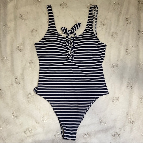 aerie Other - Aerie Navy and White Striped Lace Up Front One-Piece Swimsuit Size Medium